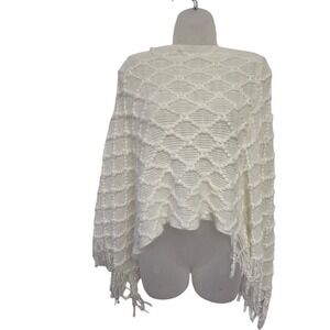 Boho Crochet Knit Poncho Shawl Fringe Ivory Accessories Festival Cottagecore